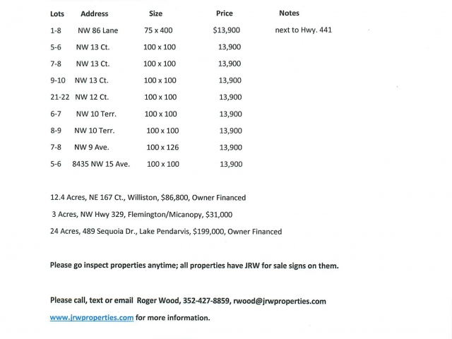 Inventory List of MH Lots & Land Available - JRW Properties, Inc.